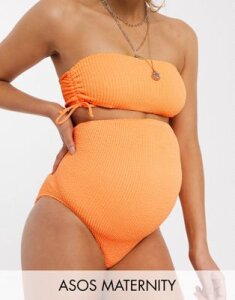 ASOS DESIGN maternity crinkle high leg high waist bikini bottom in faded fluro orange