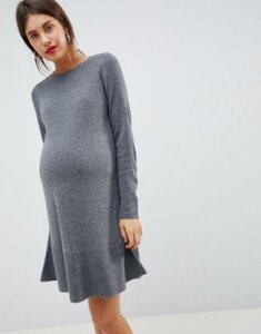 ASOS DESIGN Maternity Dress In Fine Knit With Ruffle Hem-Gray