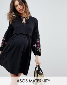 ASOS DESIGN Maternity embroidered sleeve smock dress-Black