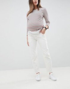 ASOS DESIGN Maternity Florence authentic straight leg jeans in white with contrast stitch with under the bump waistband
