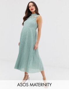 ASOS DESIGN Maternity high neck sleeveless pleated lace midi dress-Green