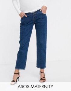 ASOS DESIGN Maternity High rise stretch 'slim' straight leg jeans in mid vintage wash with over the bump band-Blue