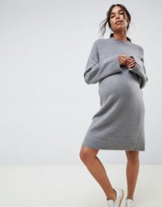 ASOS DESIGN Maternity knitted mini dress in fluffy yarn-Gray