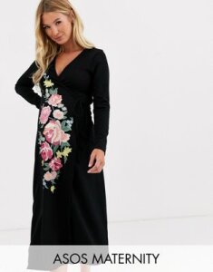 ASOS DESIGN Maternity long sleeve embroidered wrap midi dress-Black
