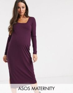ASOS DESIGN Maternity long sleeve square neck rib midi dress-Purple