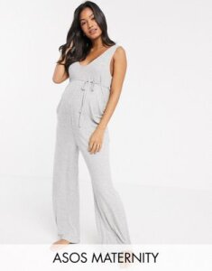 ASOS DESIGN Maternity lounge super soft jumpsuit with channelling-Gray