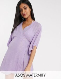 ASOS DESIGN maternity metallic stripe short wrap beach kimono in purple