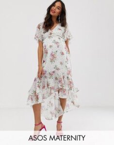 ASOS DESIGN Maternity midi dress in spot and floral with lace and hem detail-Multi