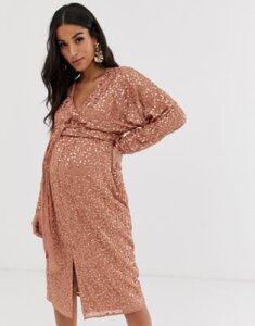 ASOS DESIGN Maternity midi dress with batwing sleeve and wrap waist in scatter sequin-Brown