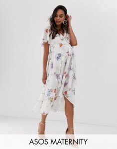 ASOS DESIGN Maternity midi dress with cape back and dipped hem in dainty floral-Multi