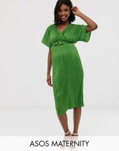 ASOS DESIGN Maternity midi plisse tea dress with resin buckle-Green