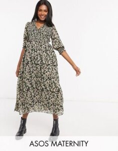 ASOS DESIGN Maternity midi smock dress with shirred cuffs in floral print-Multi