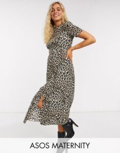 ASOS DESIGN Maternity midi tea dress with buttons and split detail in leopard print-Multi