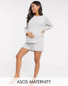 ASOS DESIGN Maternity mix & match lounge super soft short with channelling-Gray