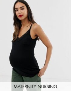 ASOS DESIGN Maternity nursing cami with lace trim in black