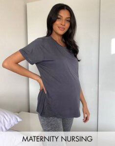 ASOS DESIGN Maternity nursing double layer short sleeve t-shirt in charcoal-Gray