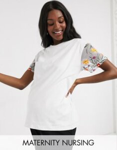 ASOS DESIGN Maternity nursing double layer t-shirt with embroidered sleeve-White