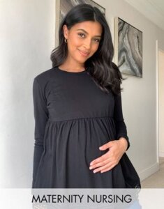 ASOS DESIGN Maternity nursing long sleeve smock top with crochet hem in black