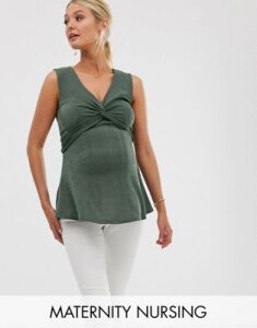 ASOS DESIGN Maternity nursing slinky twist front top in khaki-Green