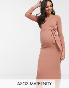 ASOS DESIGN Maternity off shoulder tie front knitted midi dress-Brown