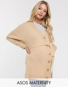 ASOS DESIGN Maternity oversized belted cardigan-Stone
