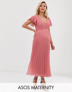 ASOS DESIGN Maternity pleated ruffle wrap midi dress in texture-Pink