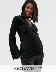 ASOS DESIGN Maternity plisse wrap top with tie side with lace trim in black