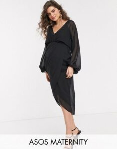 ASOS DESIGN Maternity plunge front blouson sleeve midi dress-Black