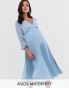 ASOS DESIGN Maternity plunge neck lace insert pleated midi dress-Blue