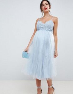 ASOS DESIGN Maternity premium lace cami top tulle midi dress-Blue