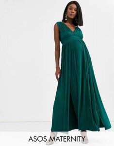 ASOS DESIGN Maternity premium lace insert pleated maxi dress-Green