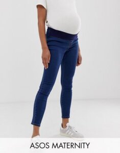 ASOS DESIGN Maternity Rivington high waisted jeggings in flat mid blue wash with under the bump waistband