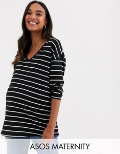 ASOS DESIGN Maternity slouchy v-neck long sleeve stripe t-shirt-Multi