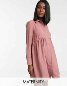 ASOS DESIGN Maternity smock shirt mini dress with long sleeves-Pink
