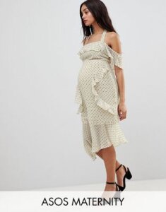 ASOS DESIGN Maternity soft pencil midi dress in ruffle polka dot-White