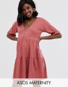 ASOS DESIGN Maternity textured button through smock dress with tiered skirt-Pink
