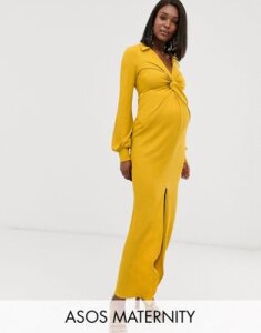 ASOS DESIGN Maternity textured drape shirt maxi dress with knot detail-Yellow