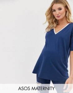 ASOS DESIGN Maternity tipped v neck t-shirt in blue