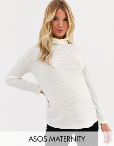 ASOS DESIGN Maternity top with roll neck in laddered rib in cream