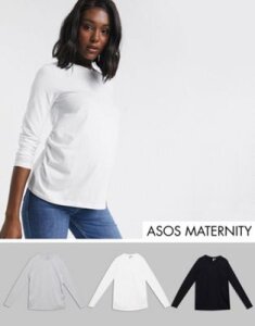 ASOS DESIGN Maternity ultimate organic cotton long sleeve crew neck t-shirt in 3 pack SAVE-Gray