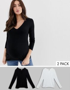 ASOS DESIGN Maternity ultimate top with long sleeve and v-neck with ruching 2 pack SAVE-Multi