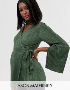 ASOS DESIGN Maternity wrap top in plisse with tie side in khaki-Green