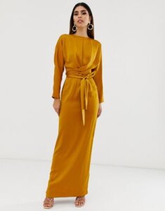 ASOS DESIGN maxi dress with batwing sleeve and wrap waist in satin-Yellow