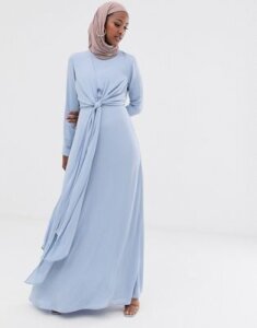 ASOS DESIGN maxi dress with wrap waist and long sleeve-Blue