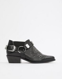 ASOS DESIGN Memphis premium leather western studded flat shoes-Black