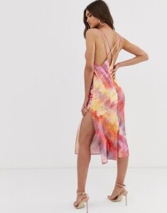 ASOS DESIGN midi cami slip dress in high shine with strappy back in tie dye print-Multi
