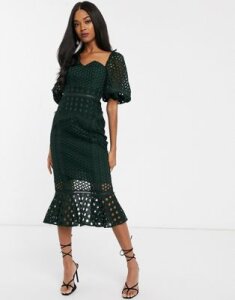 ASOS DESIGN midi Dress in structured lace with puff sleeve-Green