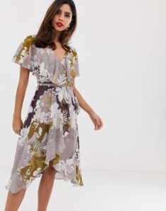 ASOS DESIGN midi dress with cape back and dipped hem in patchwork floral-Multi