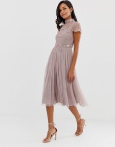 ASOS DESIGN midi dress with embellished crop top and tulle skirt-Multi