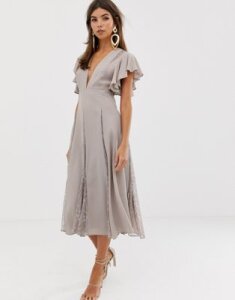 ASOS DESIGN midi dress with lace godet panels-Multi